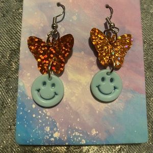 Butterfly smiley face earrings holographic iridescent